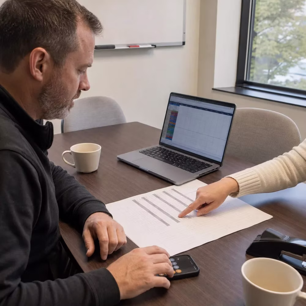 Reviewing an iOS app development cost estimate during a Lincoln meeting